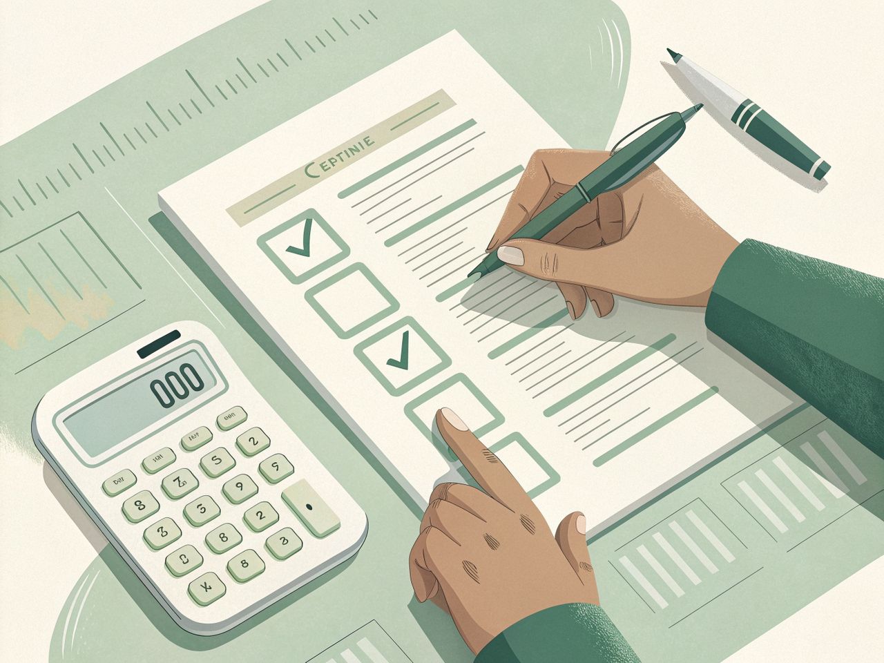 Illustration of a hand checking boxes on a printed tax form beside a calculator